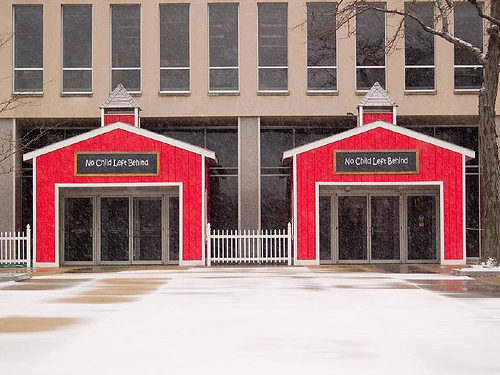 The former entrance to the US Department of Education. The red schoolhouses were removed by the Obama administration in 2009.  Photo by Andy Grant