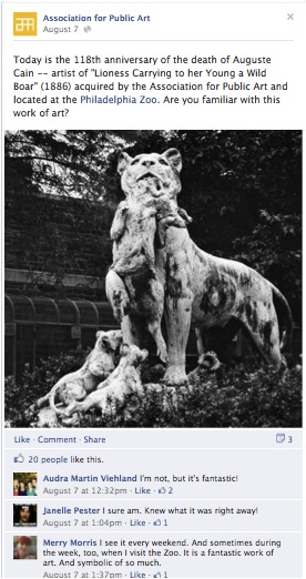 “Name that sculpture” post from August 2012 on the Association for Public Art Facebook page that gauge visitors’ knowledge of historic public sculptures in Philadelphia