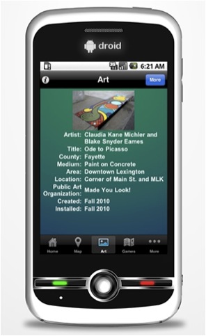 An ongoing project of professor Christine Huskisson of the University of Kentucky and her students, Take it Artside! pinpoints different public art locations around the state, and provides data on cultural institutions, gallery walks, and arts events. The app has several game features: visitors can earn points based on the art sites they “check in” to, and track their fitness routines through an ArtFit game that integrates public art into workouts.