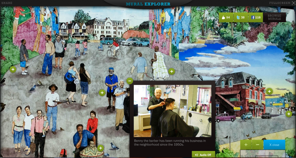 Philadelphia Mural Arts Program’s Mural Explorer allows viewers to zoom in to murals like the above Heart of Baltimore Avenue by David Guinn, and click on each “character” in the mural for a related video.  Source: http://explorer.muralarts.org/#/mural/heart_of_baltimore