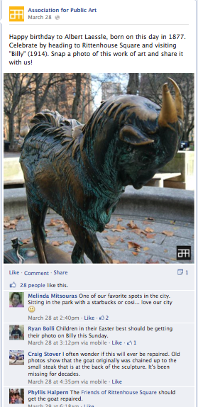 “Name that sculpture” post from March 2013 on the Association for Public Art Facebook page that gauge visitors’ knowledge of historic public sculptures in Philadelphia
