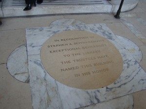 Plaque honoring Stephen Schwarzman, after whom the New York Public Library's flagship building is named.